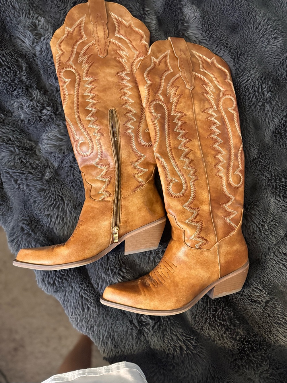 Tall Tan Western Heeled Boots with Side Zip